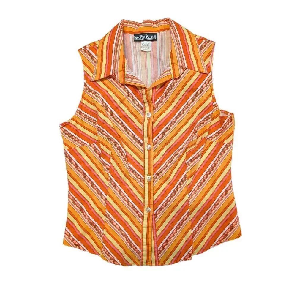 George A LTD Orange Button Down Sleeveless Top Striped Women's Large
